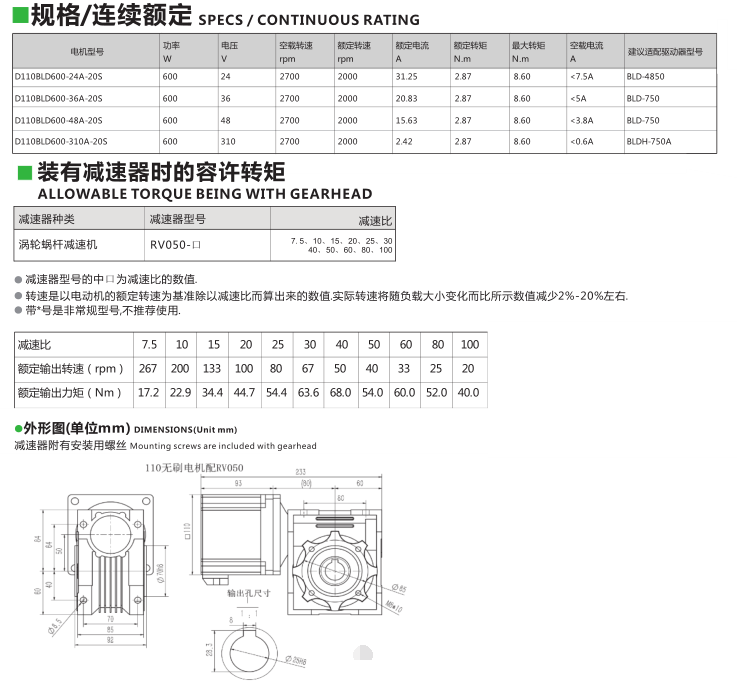600W無刷電機規格